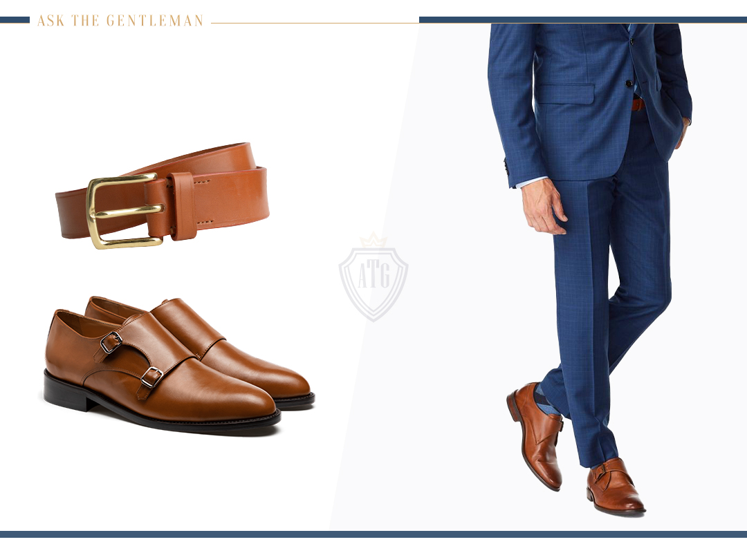 Matching a brown belt with brown dress shoes and a blue suit
