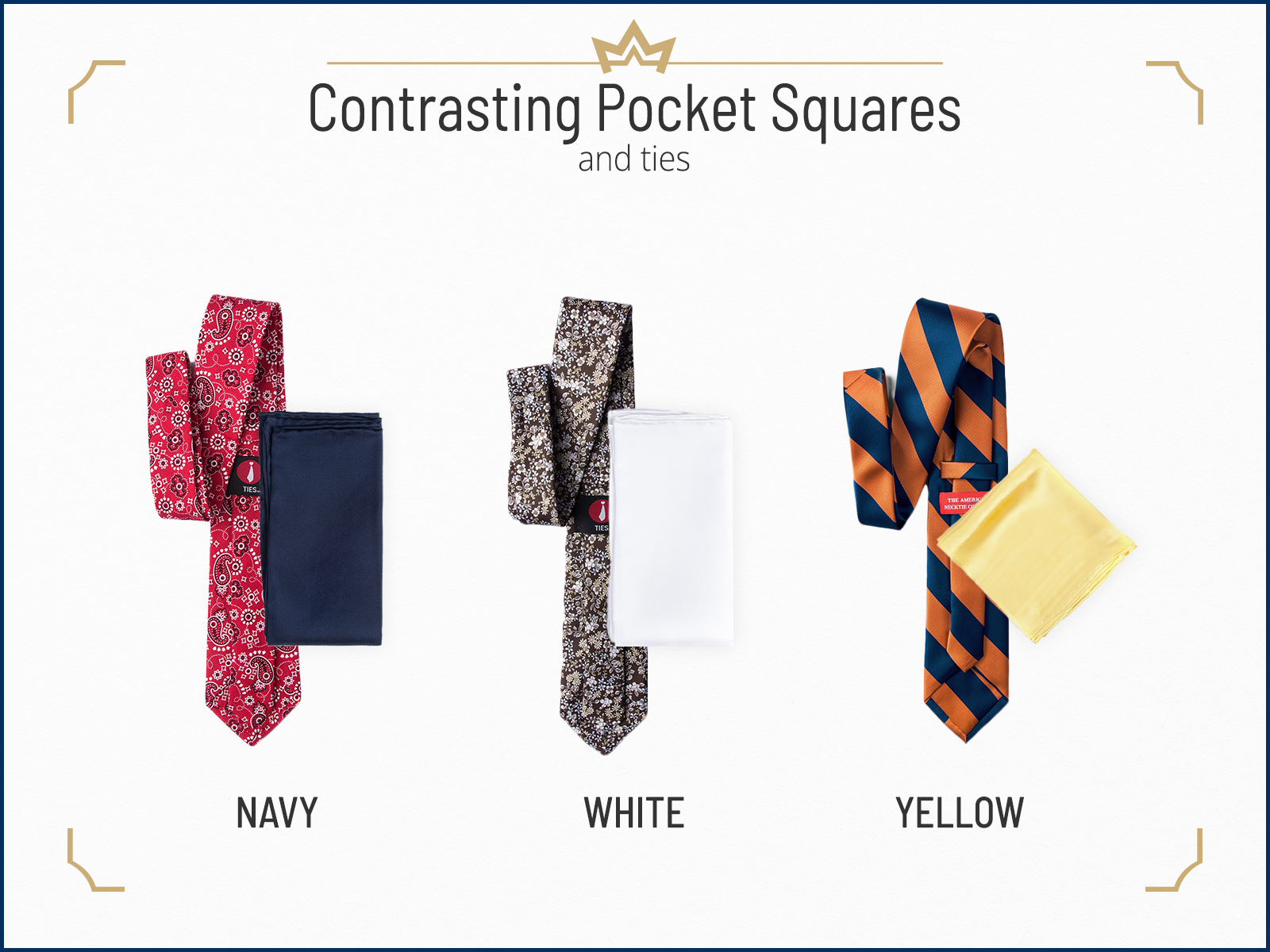 matching contrasting pocket squares and ties