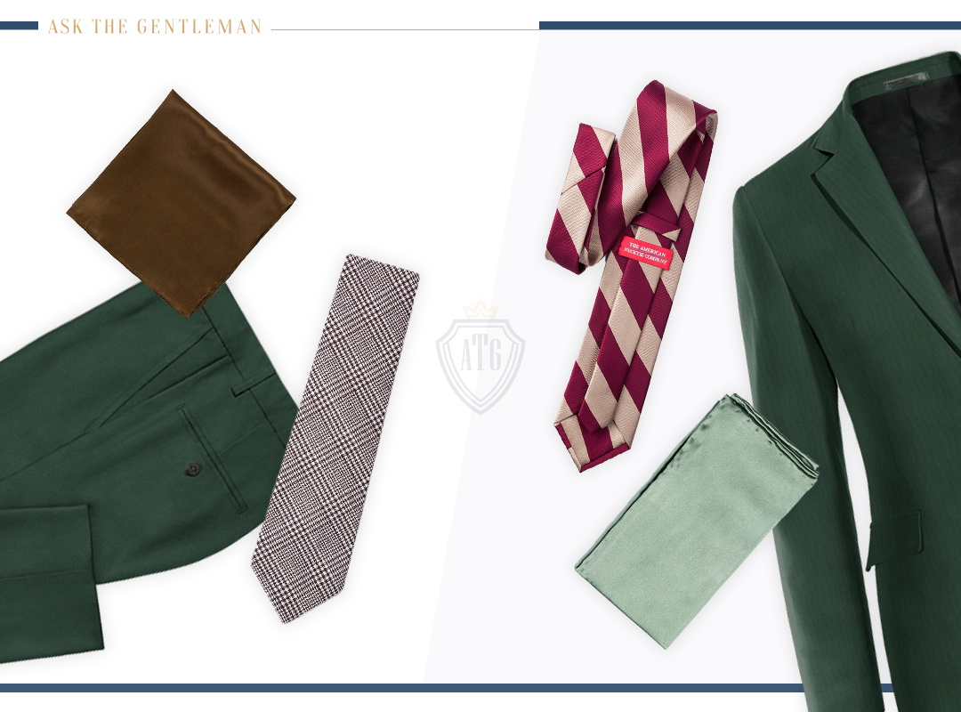 Matching the green suit with contrasting pocket square and tie