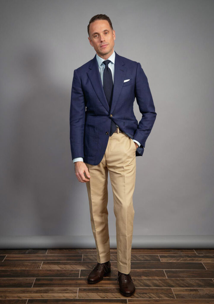 Tan slacks shop blue blazer