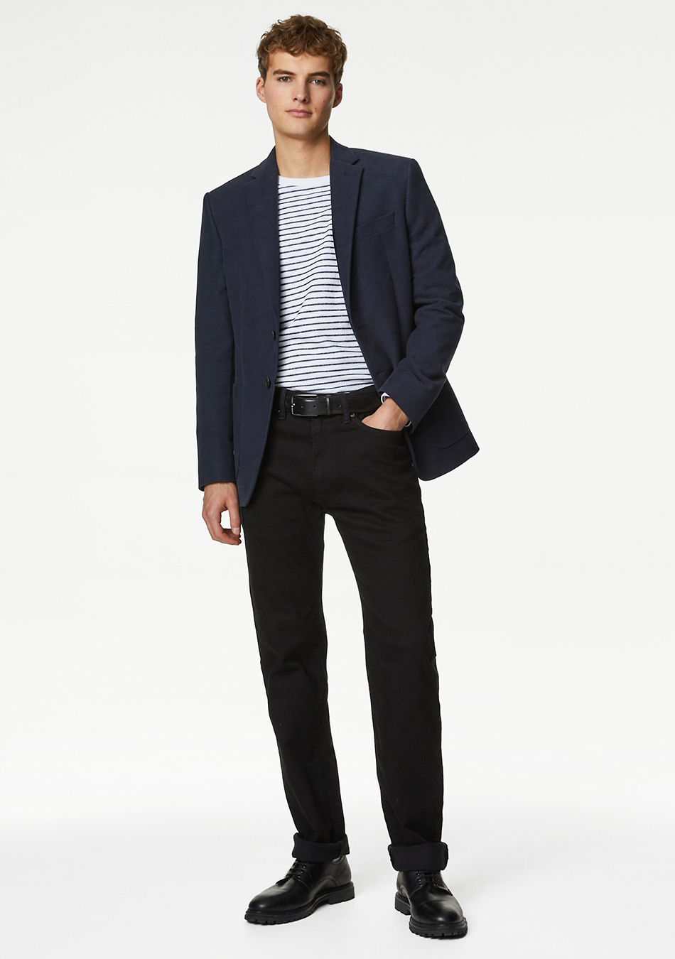 Navy blazer, striped t-shirt, black jeans, and black derby shoes
