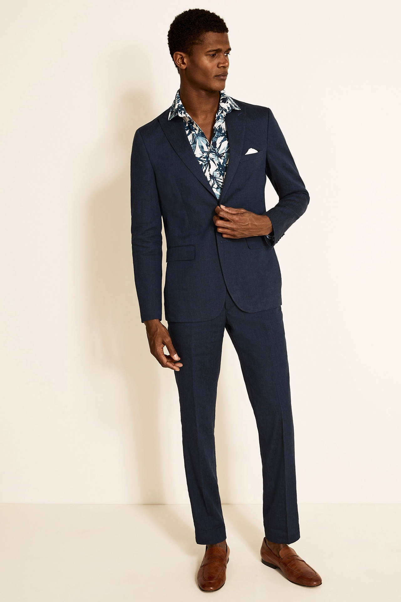 navy blue suit floral shirt