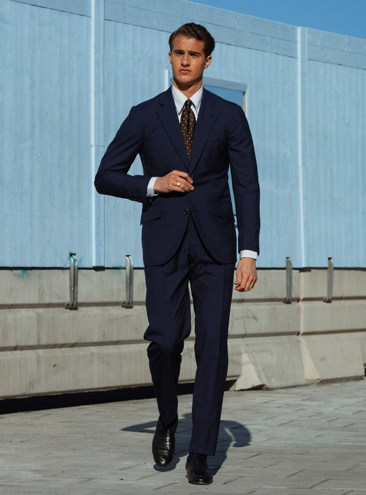 navy suit, blue dress shirt and brown tie color combination