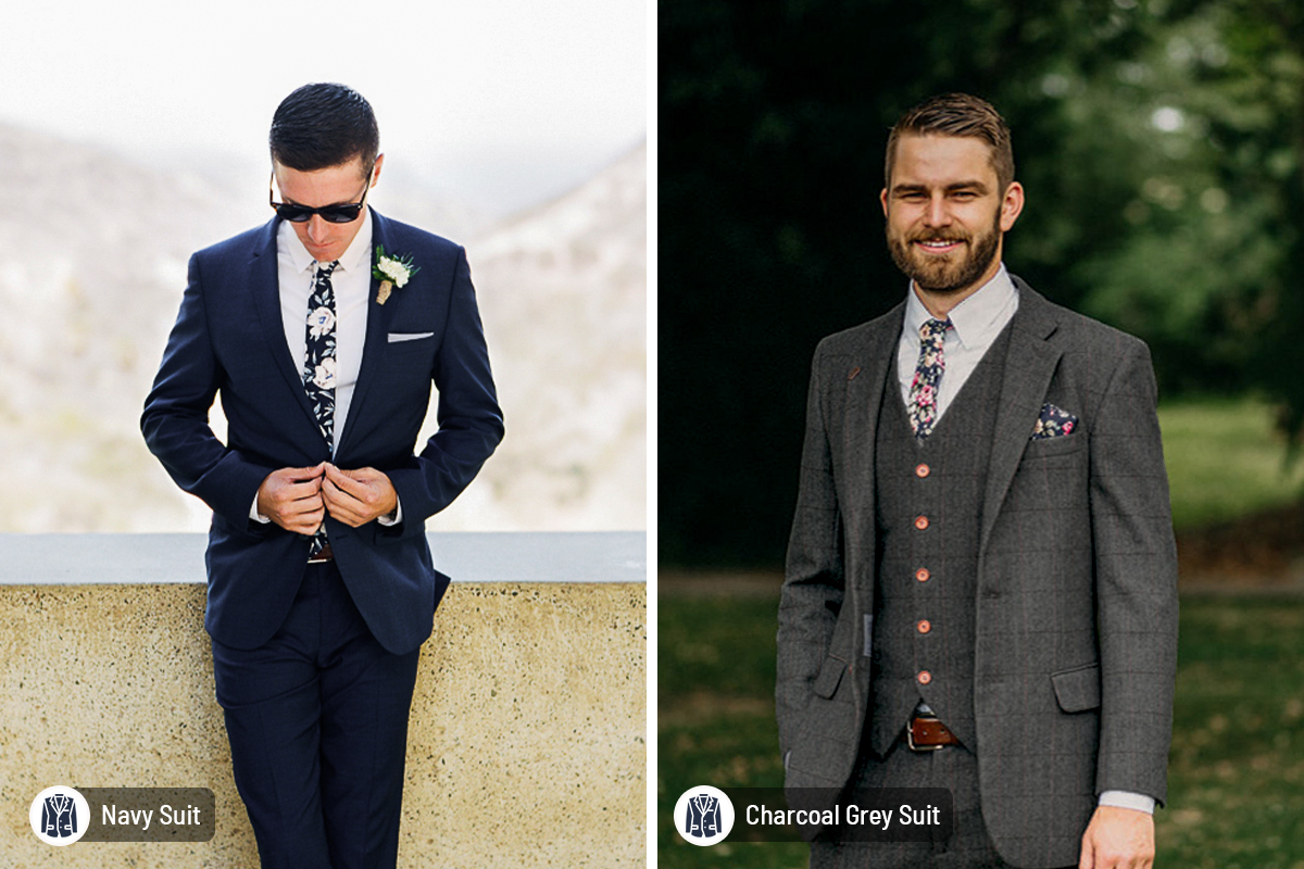 Navy vs. charcoal grey suit: wedding cocktail attire combinations for men