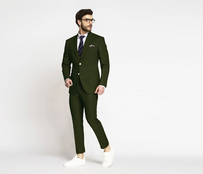 olive green cotton suit white shirt white sneakers