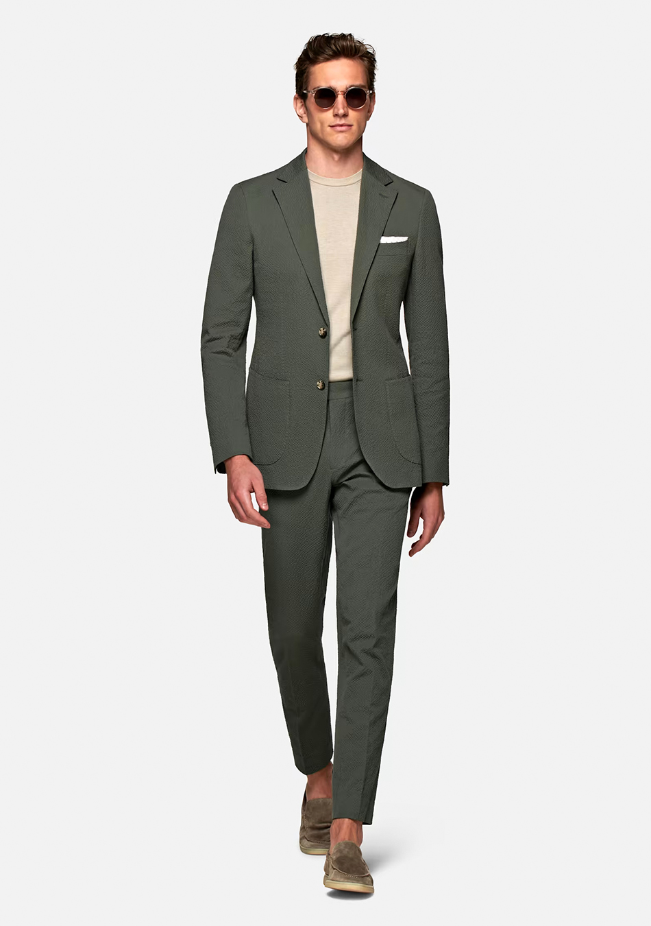 Olive green suit, beige t-shirt, and brown loafers