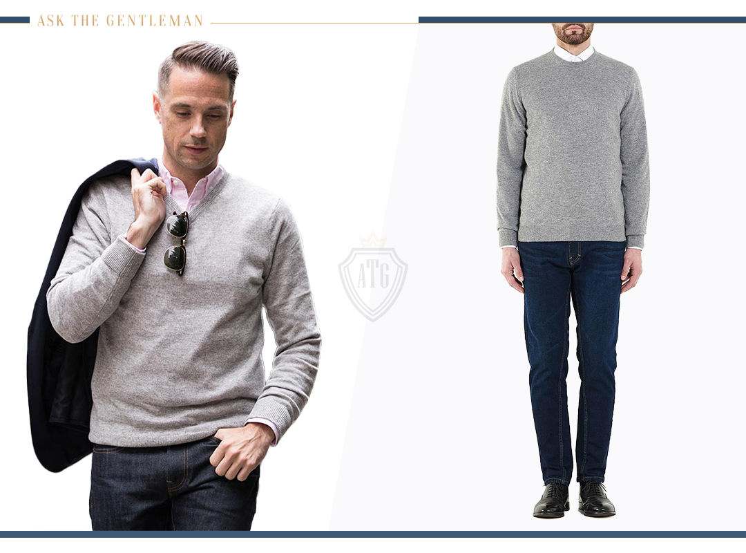 Pairing sweater over dress shirt with jeans