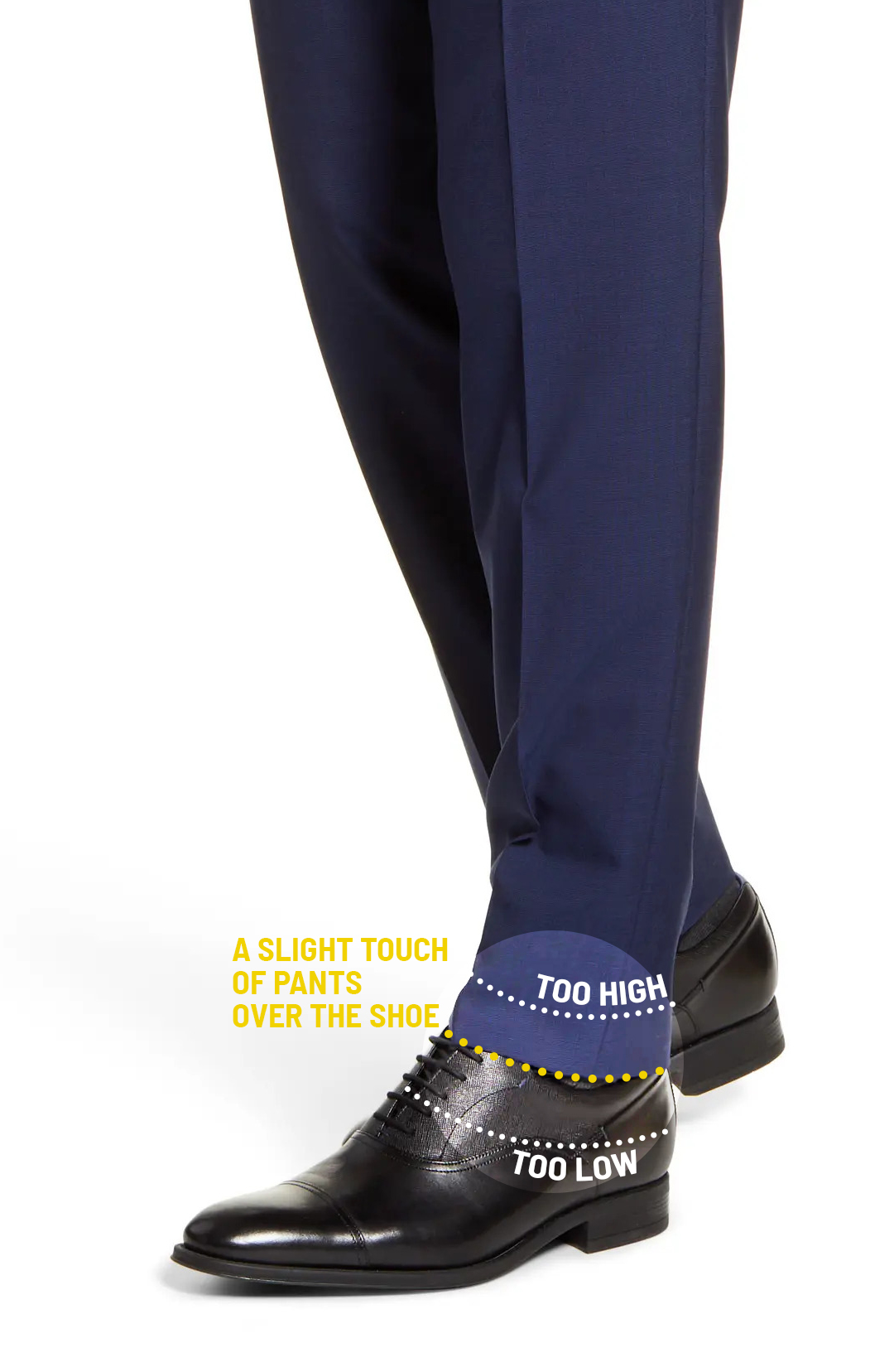 How should a suit fit: pants barely touch the shoe
