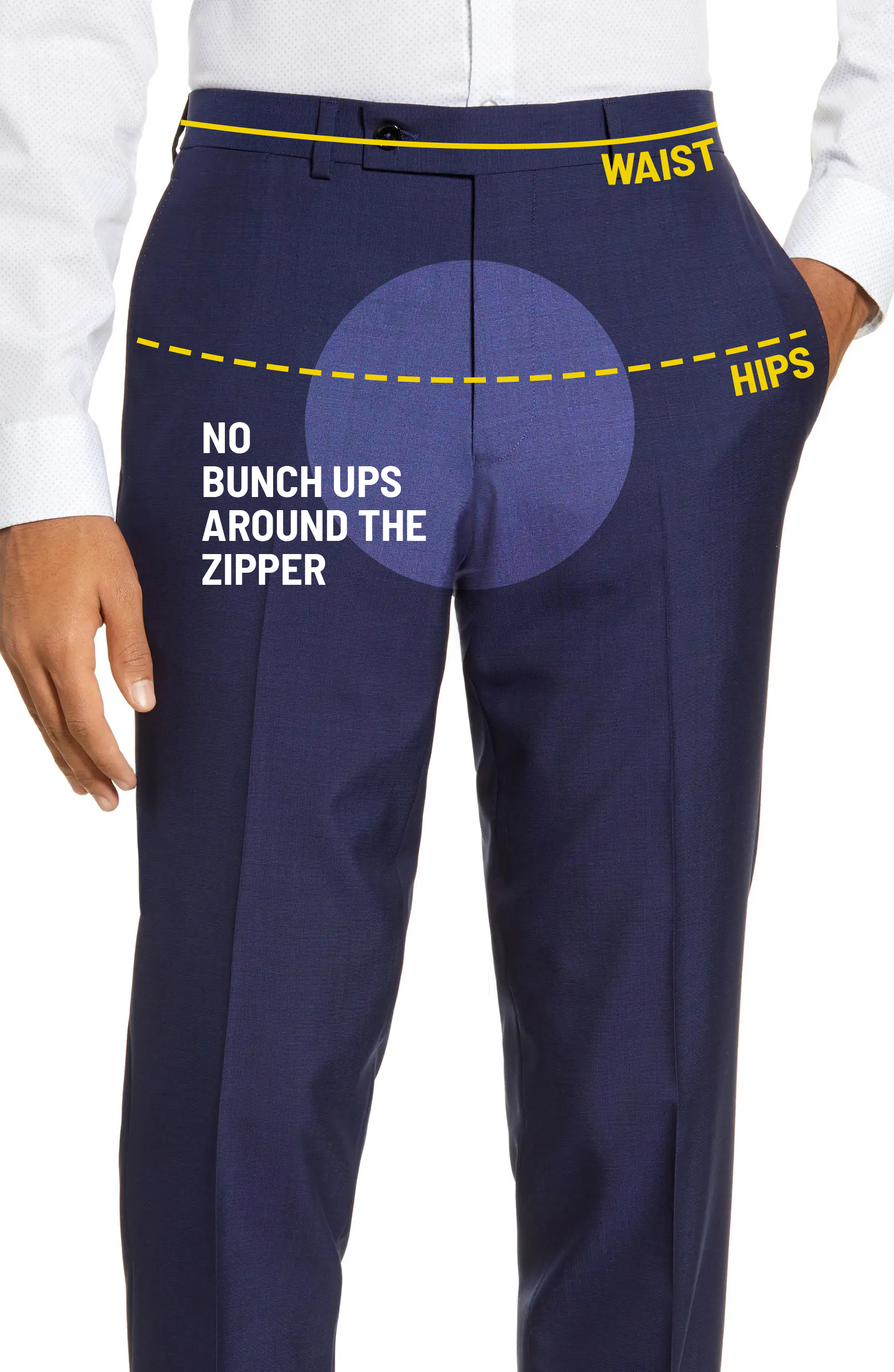 Proper pants' waist: area around the zipper does not bunch up