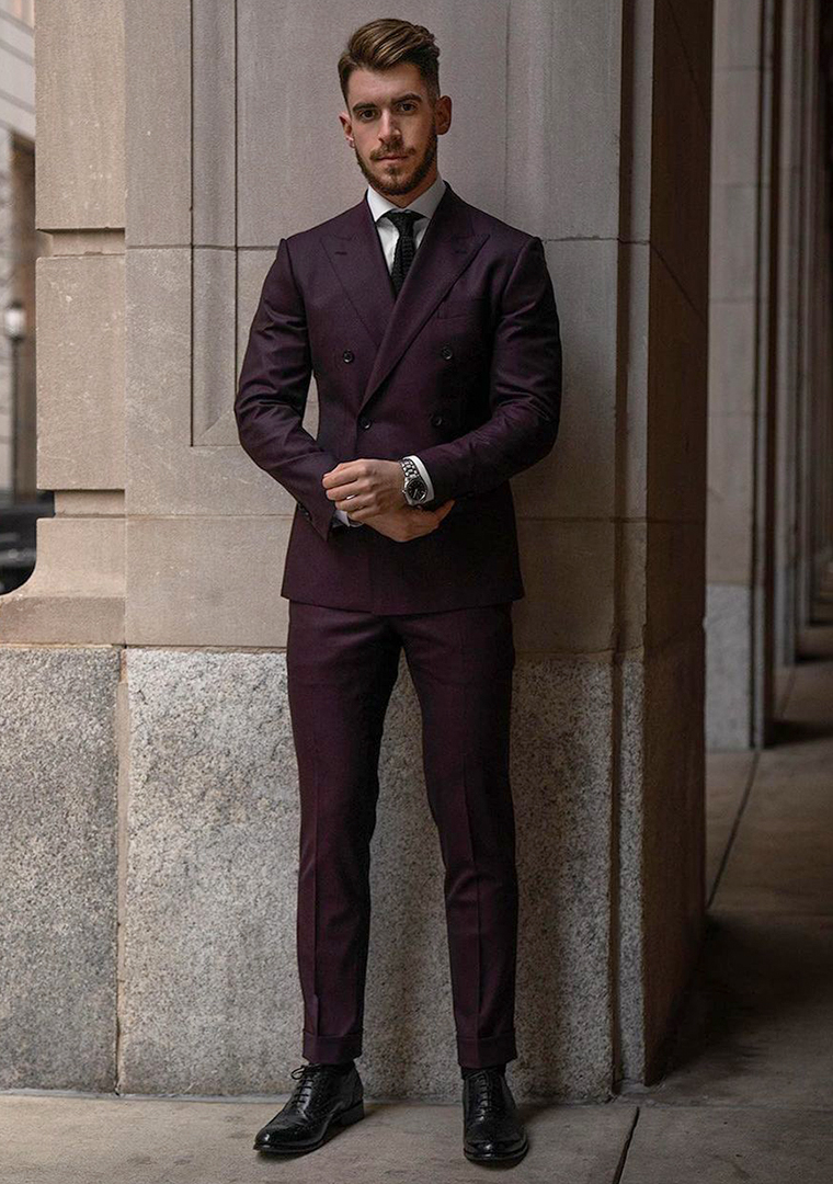 Purple suit, white dress shirt, and black brogues