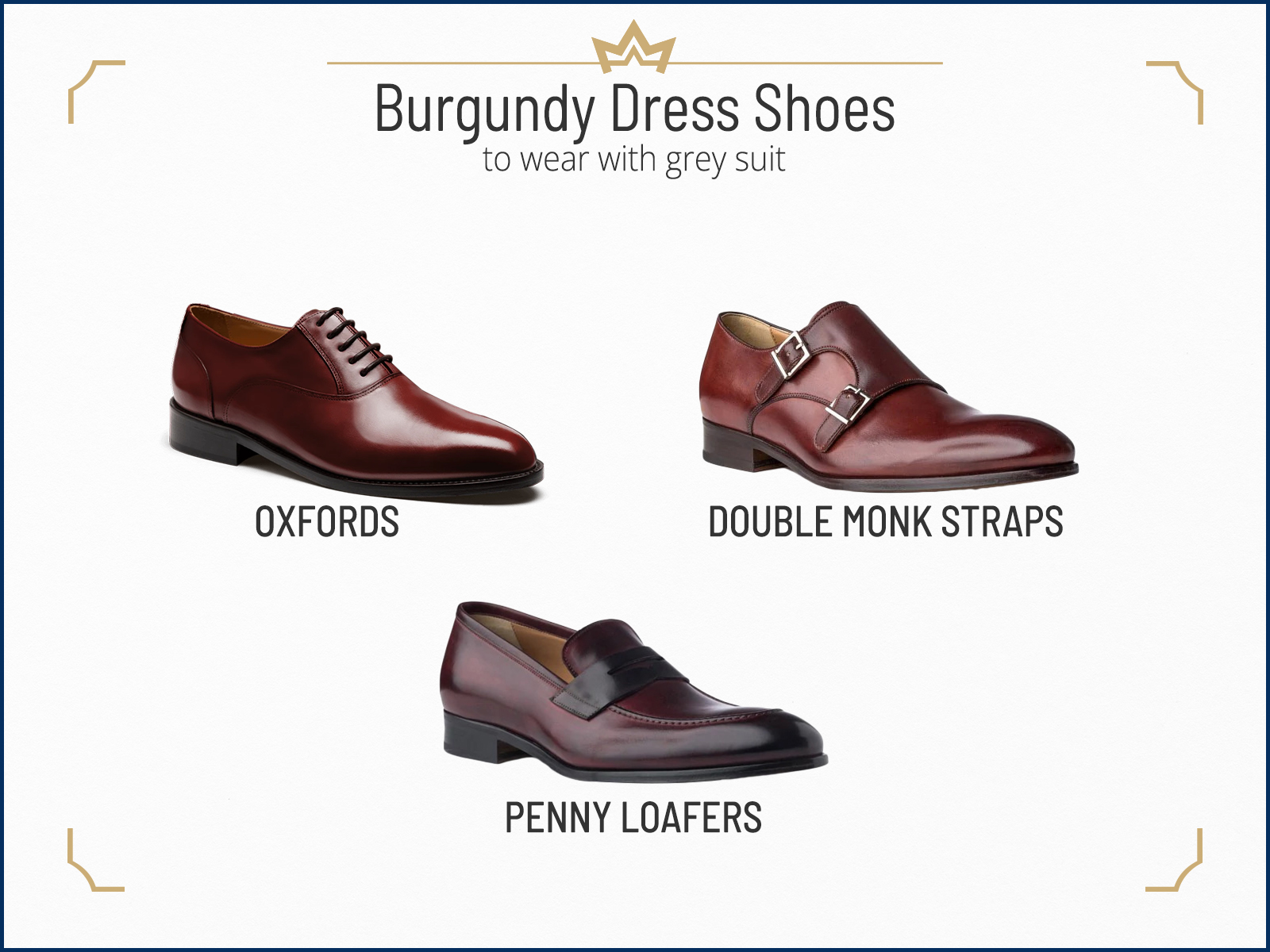 Recommended burgundy dress shoe types for grey suits