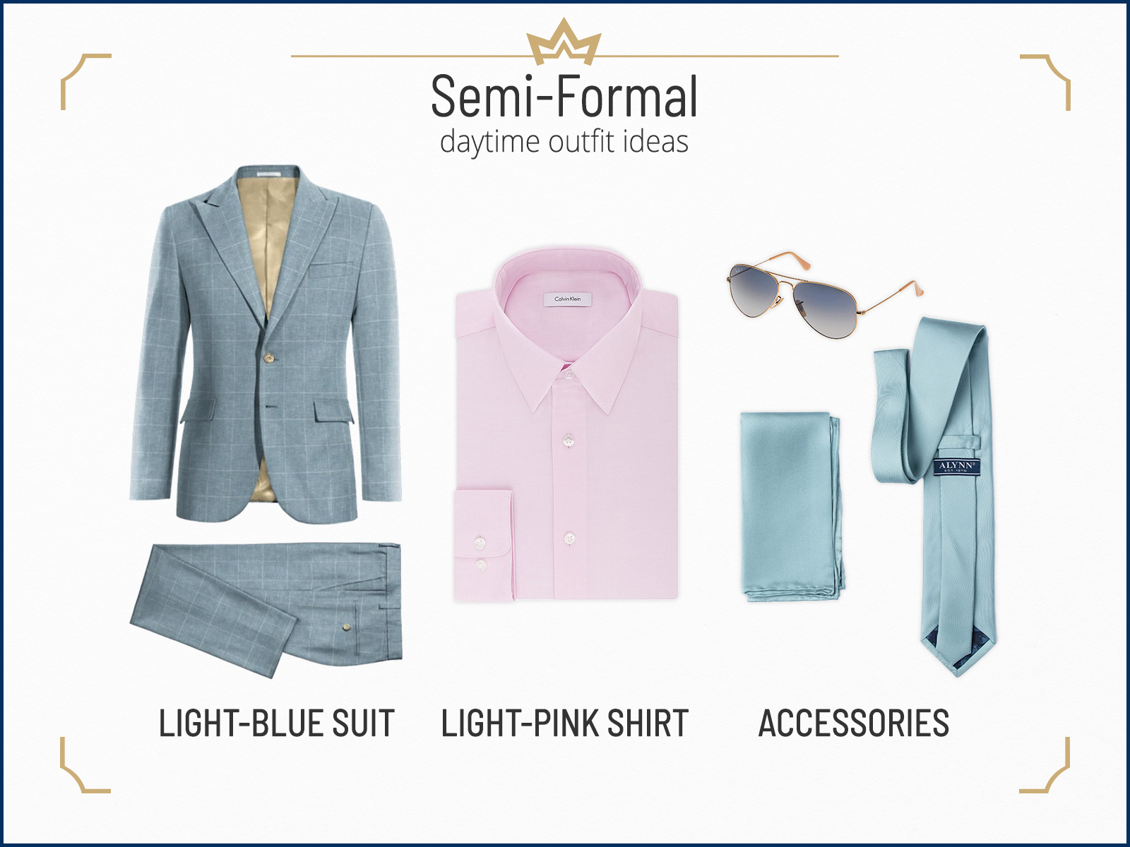 Semi-formal daytime outfit idea with a light blue suit