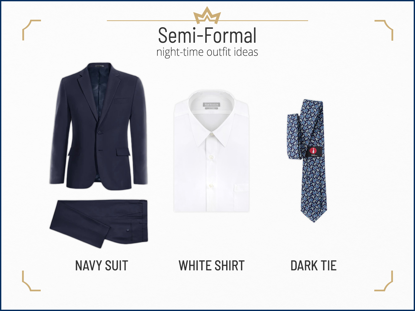 Semi-formal nighttime outfit with a navy suit