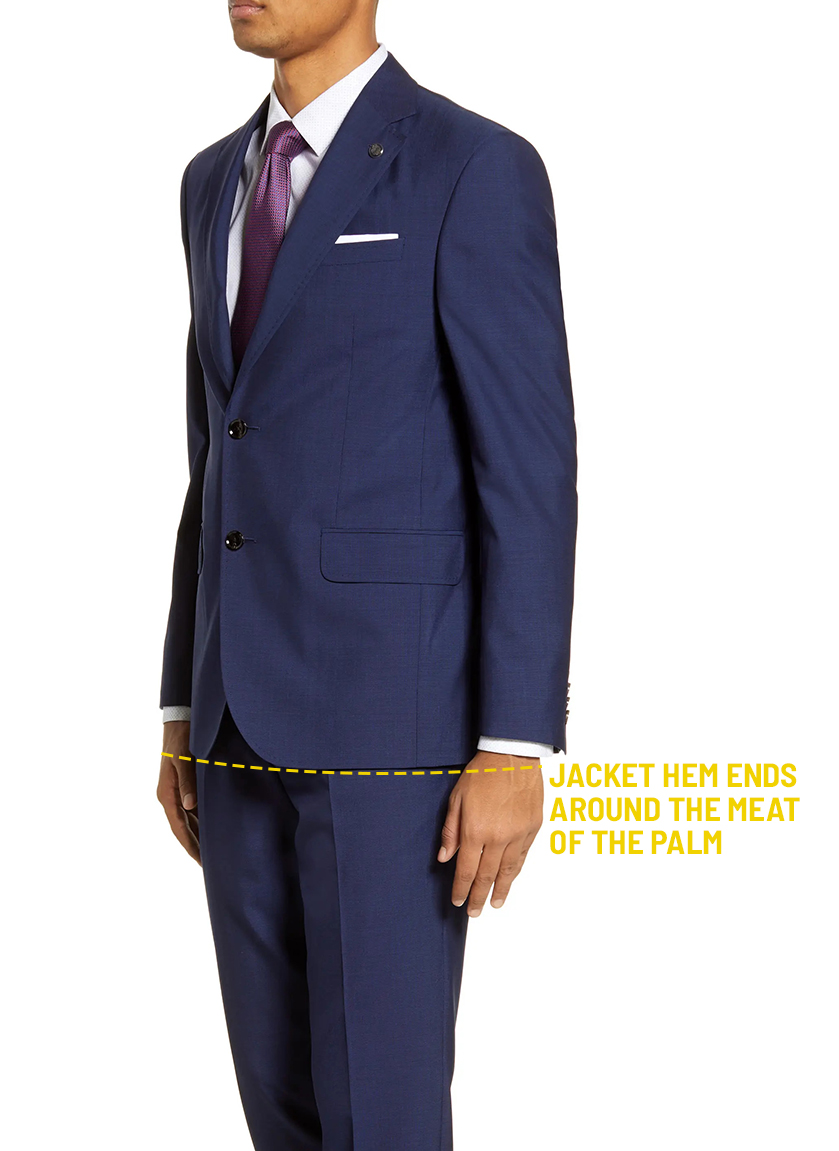 Proper suit jacket length ends at the meat of the palm
