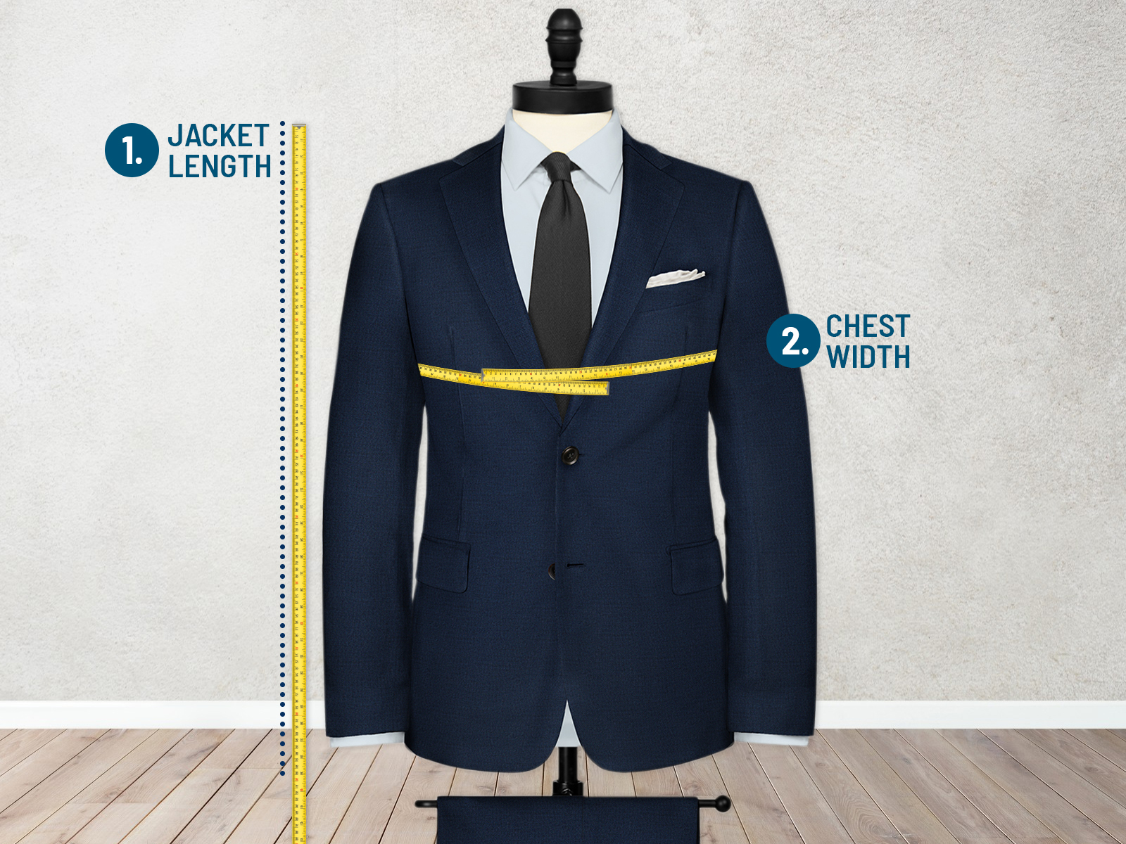 Suit jackets are sized by jacket length and chest width
