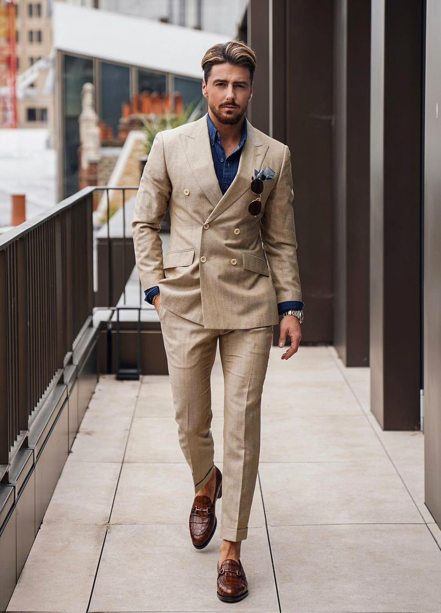 Tan suit hot sale blue shirt