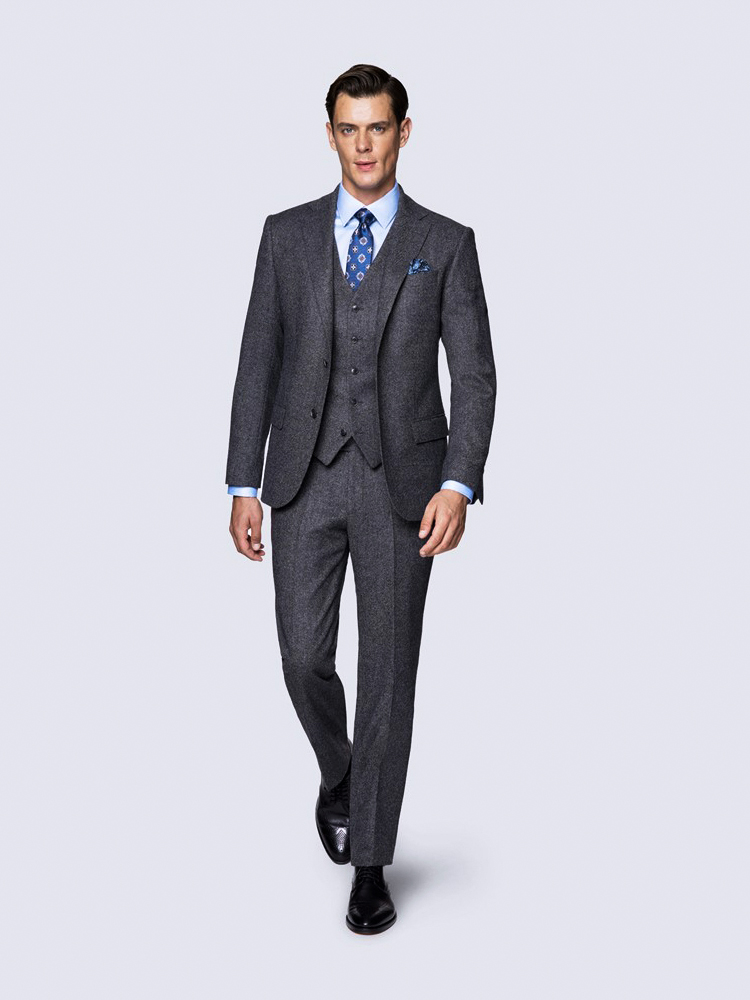 Three-piece charcoal grey suit style