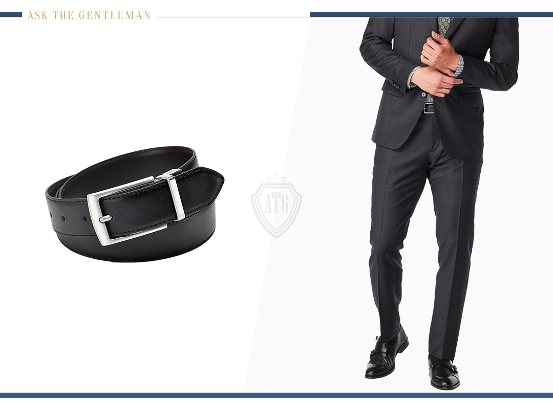 Black formal belt with a charcoal suit