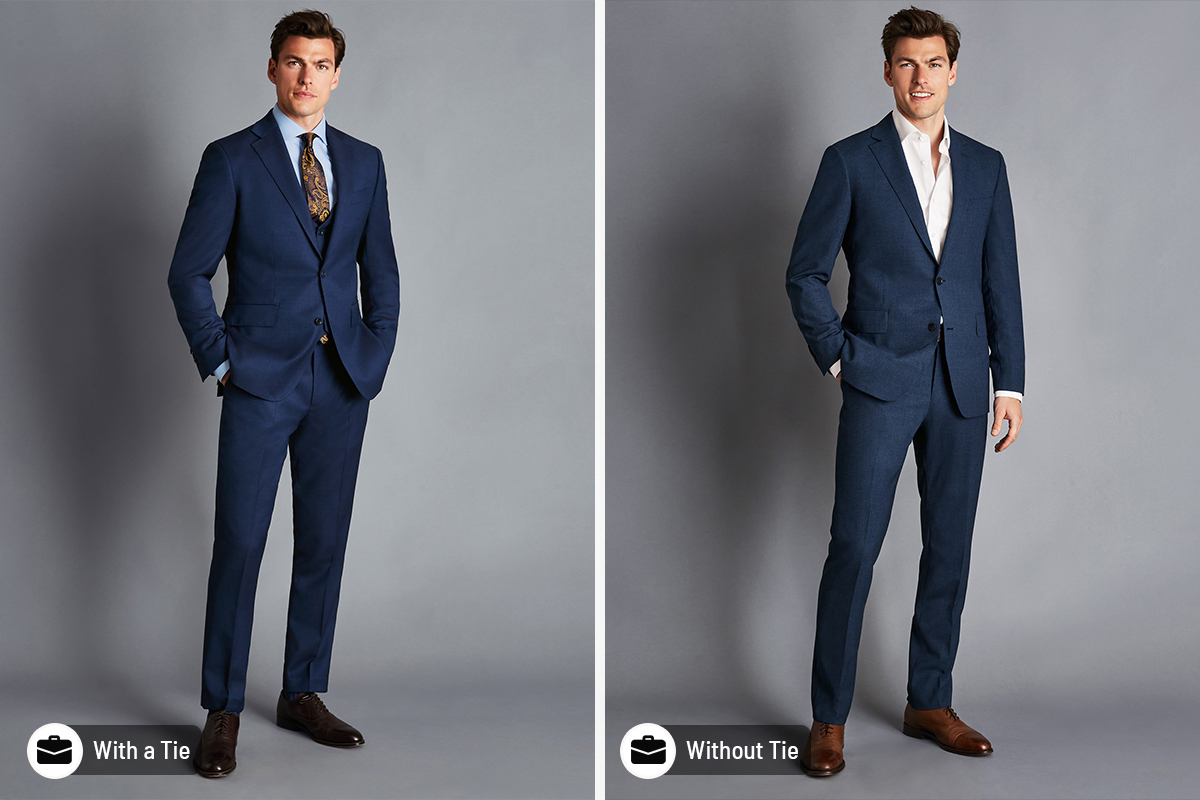 Wearing a blue suit for business events: tie vs. tieless look