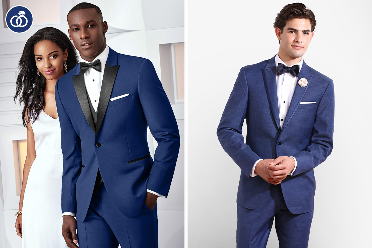 Wearing a blue suit tuxedo at a wedding as groom