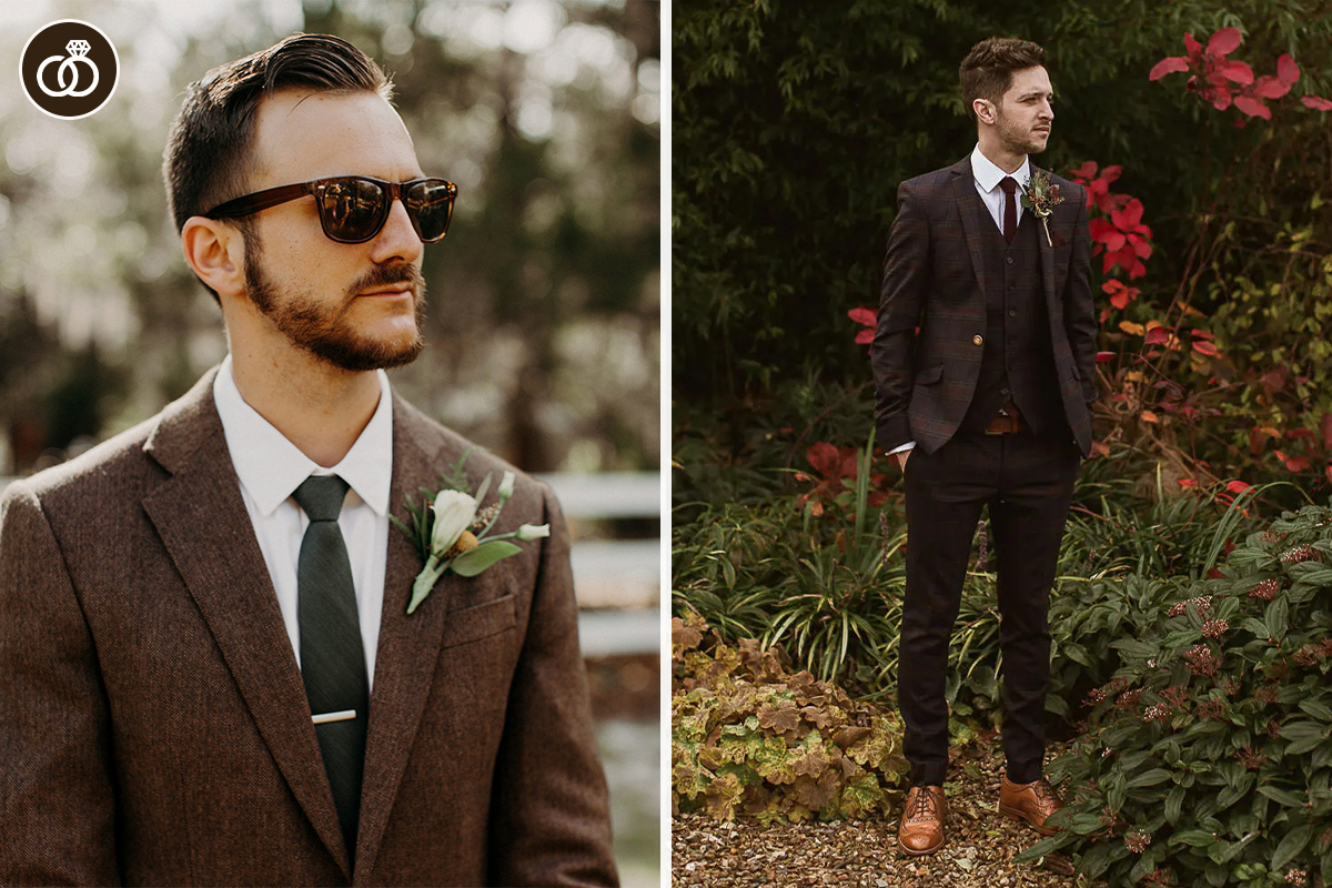 Wearing a brown suit at a wedding as a groom