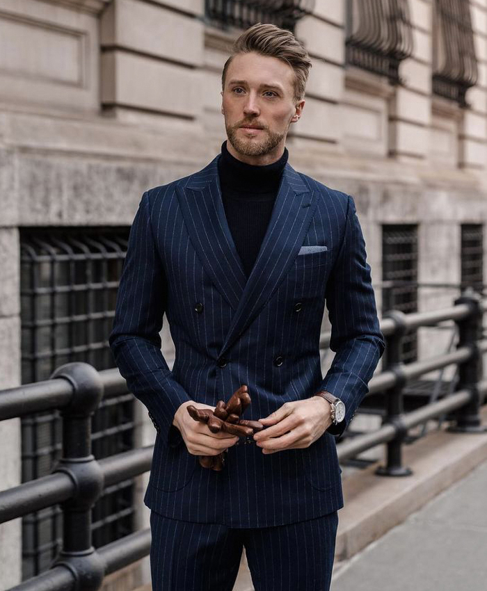 Navy blue suit with black turtleneck sale