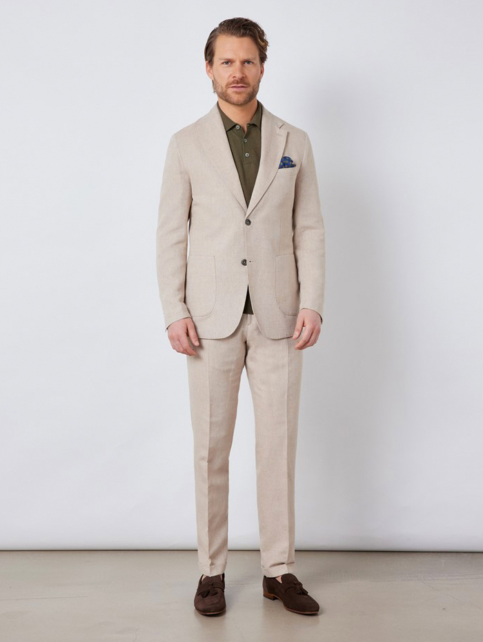 Beige Linen Suit with White Shirt