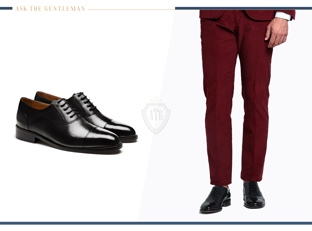 Wearing black shoes with a maroon suit