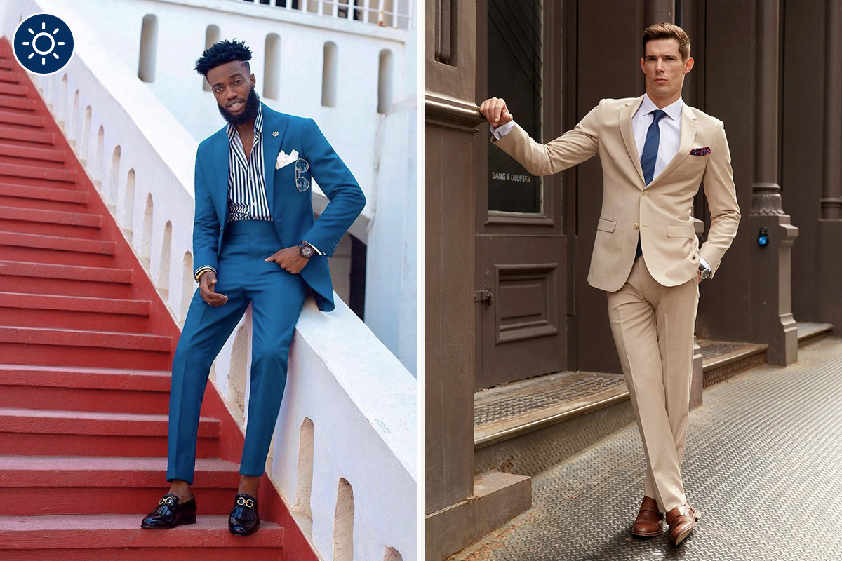 Wearing blue vs. tan suits for daytime cocktail events