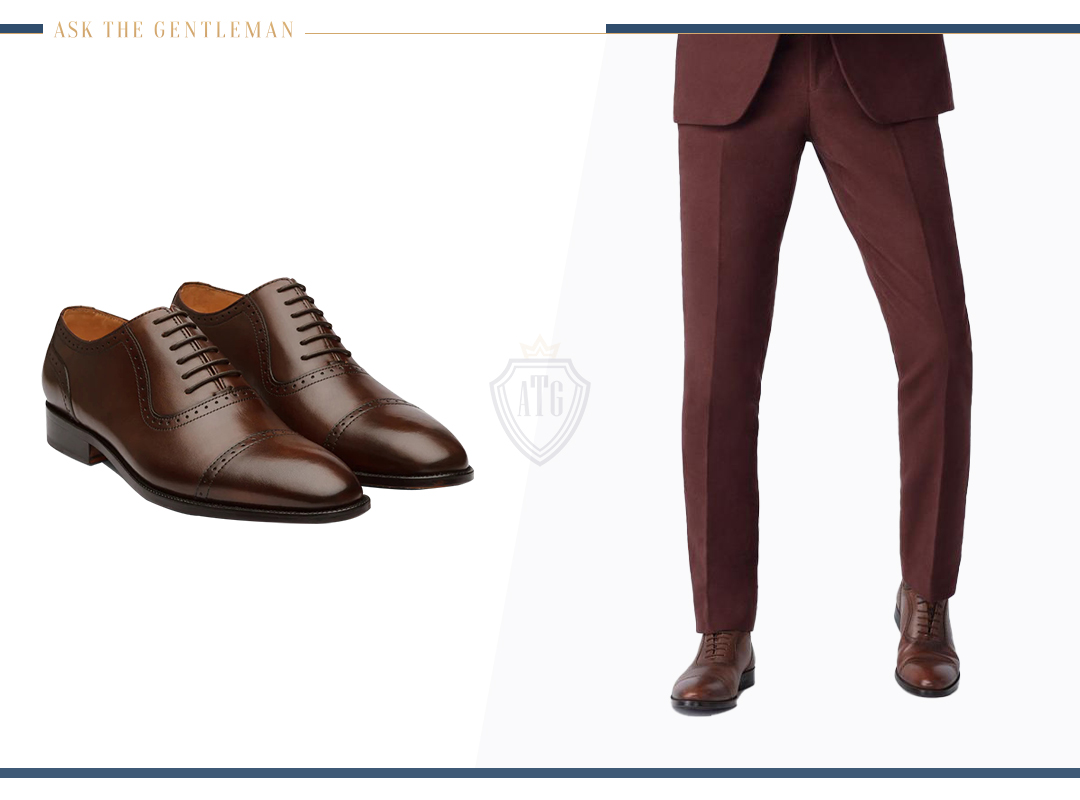 Wearing dark brown shoes with a maroon suit