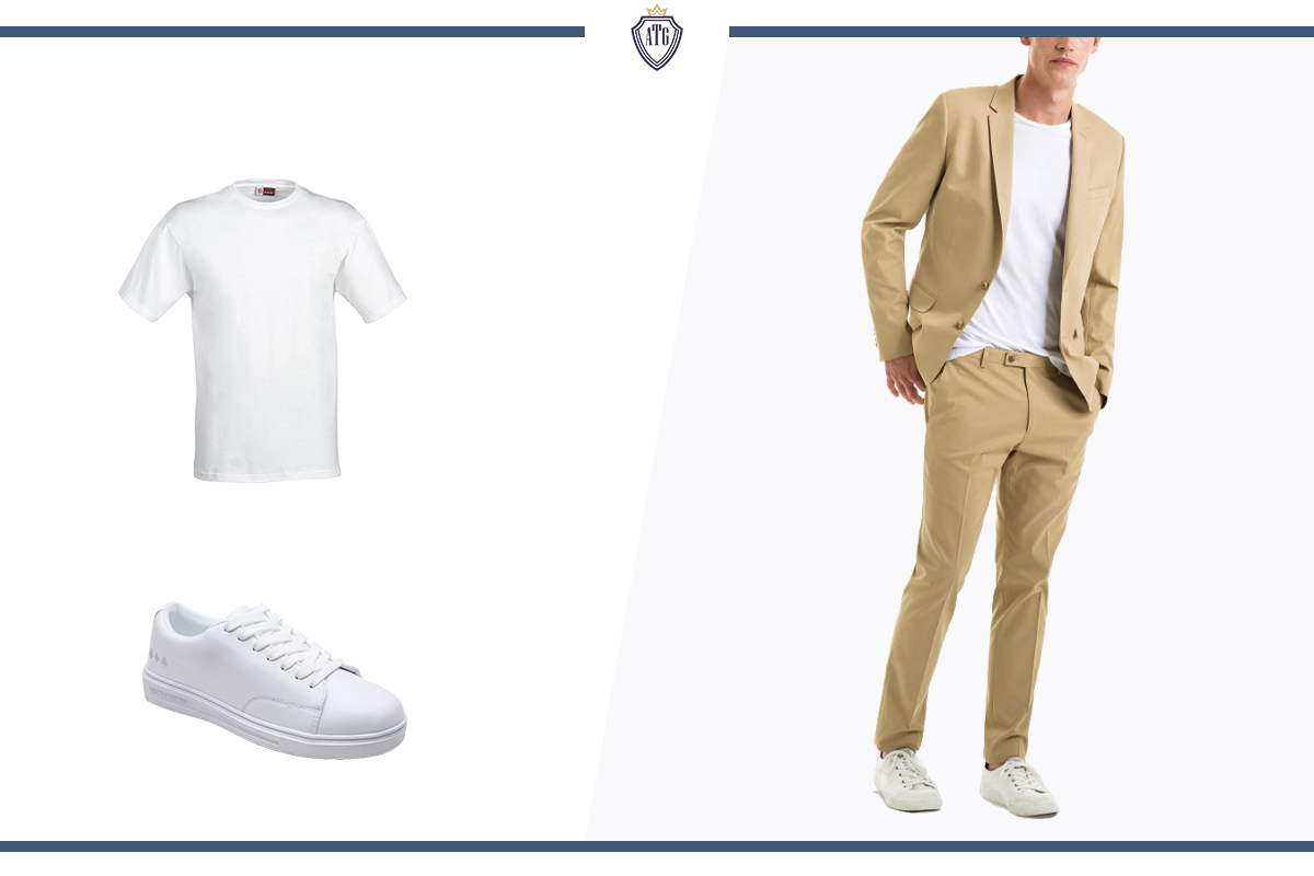 Wearing a khaki suit with a white t-shirt and white sneakers