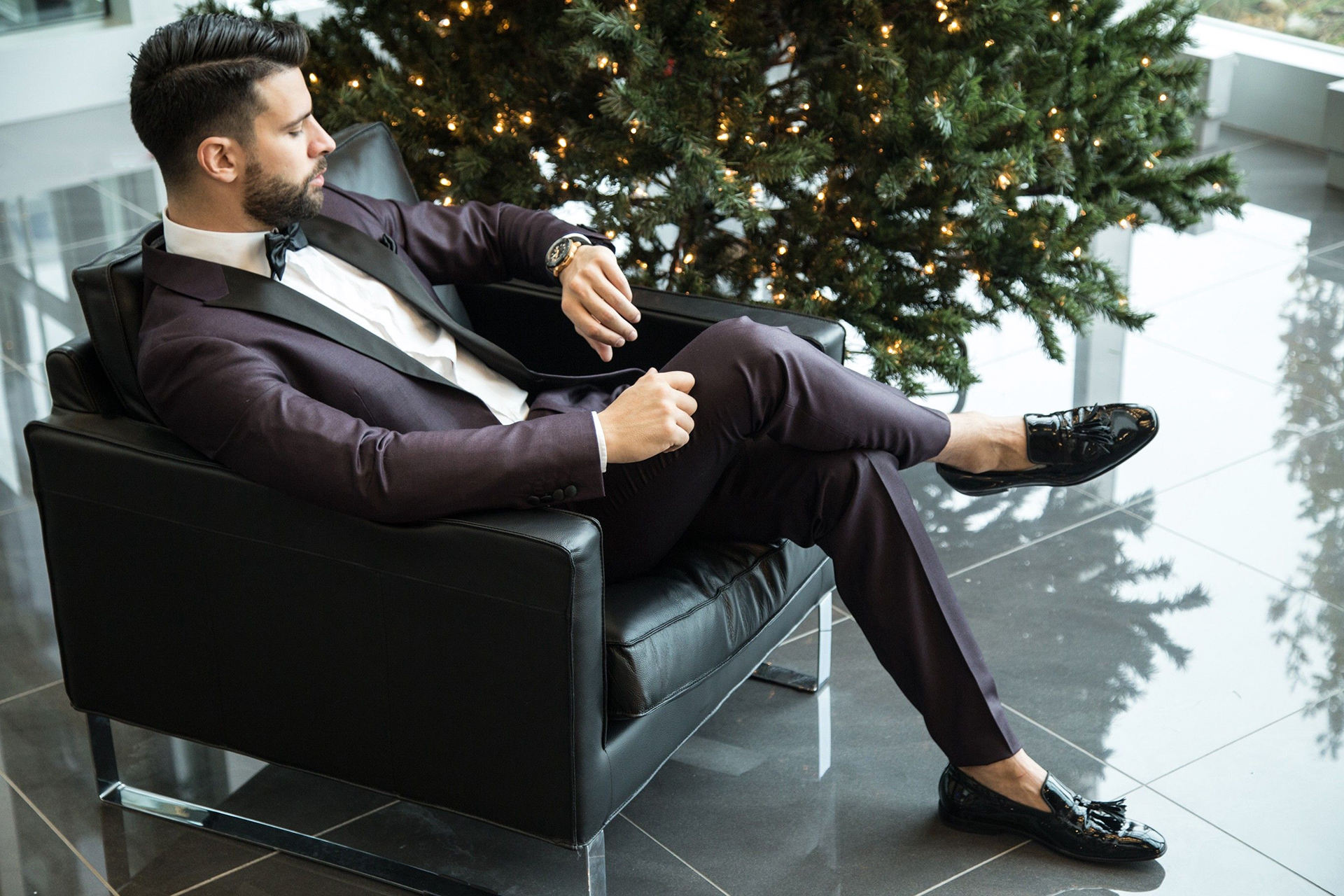 Wearing black patent leather loafers with a burgundy tuxedo