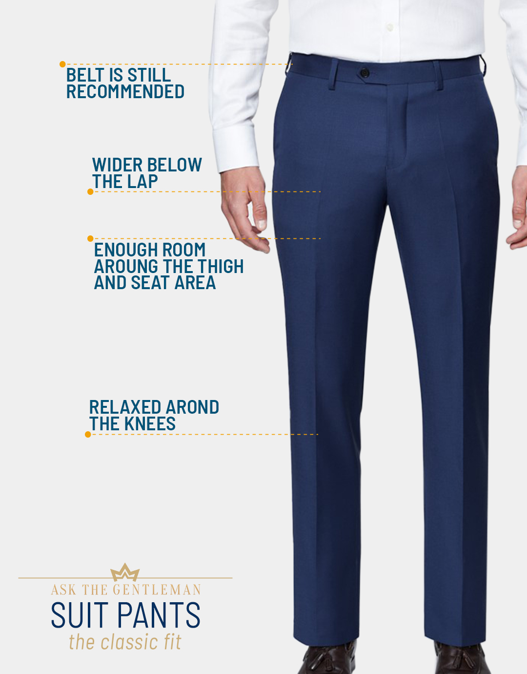 The features of a classic-fit suit pants cut